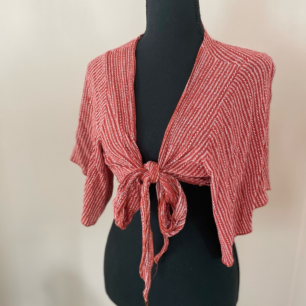 Red striped crop top tie front